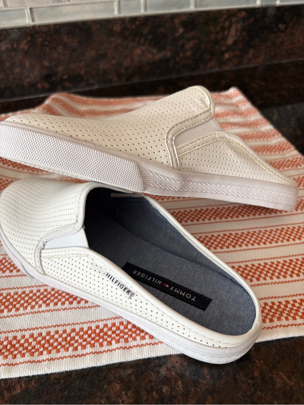 Tommy Hilfiger White Perforated Slip-On Shoes with Navy Insole
